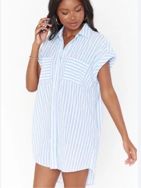 Show Me Your MuMu Light Blue & White Striped Button-Down Martin Shirt Dress | XS